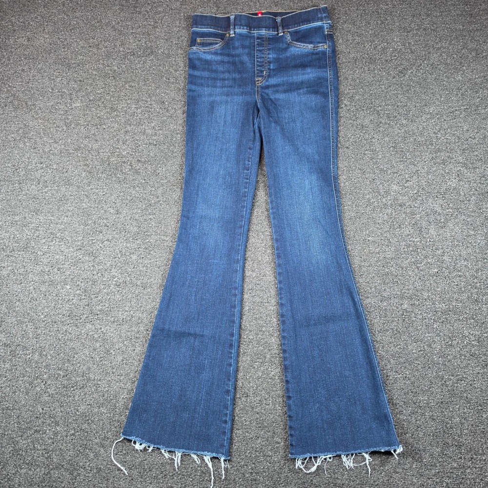 Spanx Flare Jeans Blue Womens Small Tall Raw Hem Pull On Shaping Denim Boho Boot